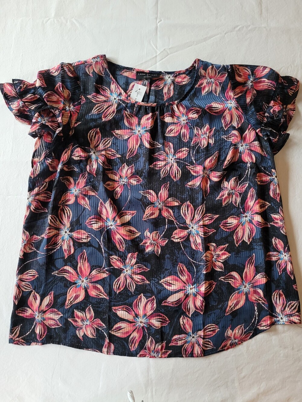 NWT Lane Bryant Floral Short Sleeve Blouse - Navy with Pink Flowers Size 14